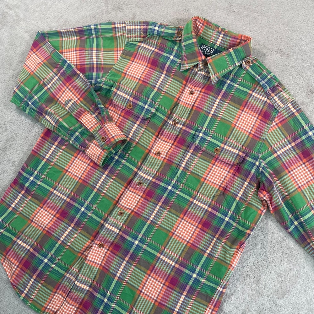 Vintage Polo Ralph Lauren Shirt Men Large Multi Plaid Epaulettes Military Work